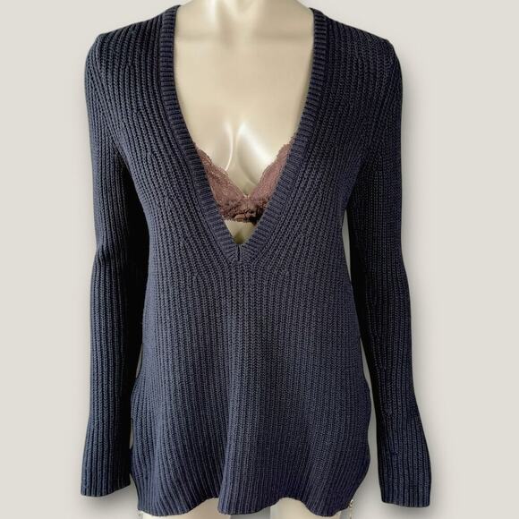 Ann Taylor Merino Wool Blend Long Sleeve V Neck Rib Tunic Sweater Size M Black - Picture 1 of 13